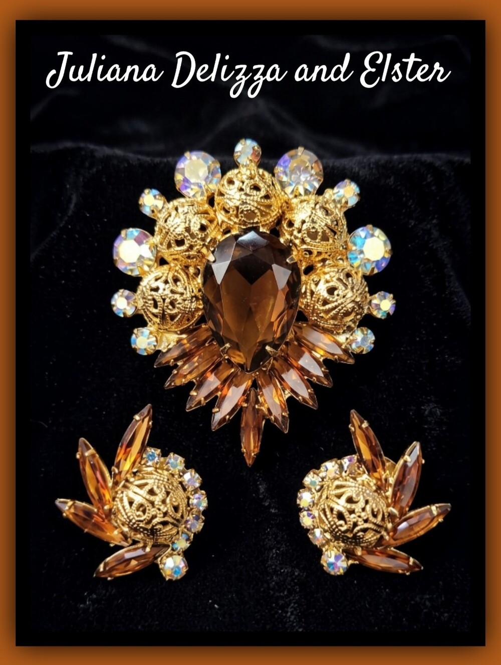 MINT 1960s Juliana DeLizza and Elster Rhinestone Brooch and Earrings Set